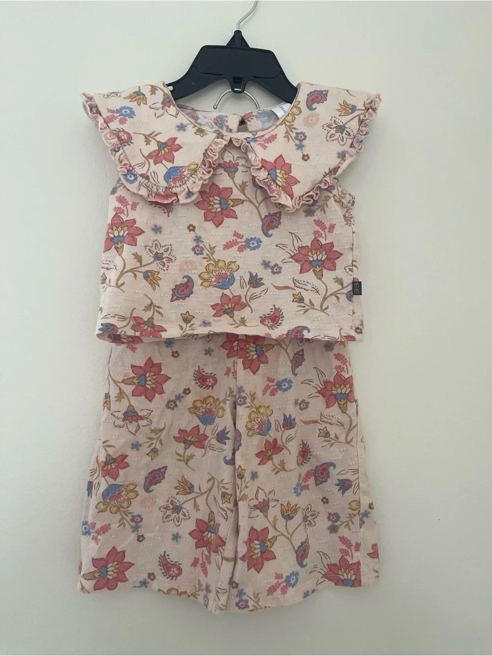 Girls Floral Two-Piece Set with Ruffle Collar - Pink Floral